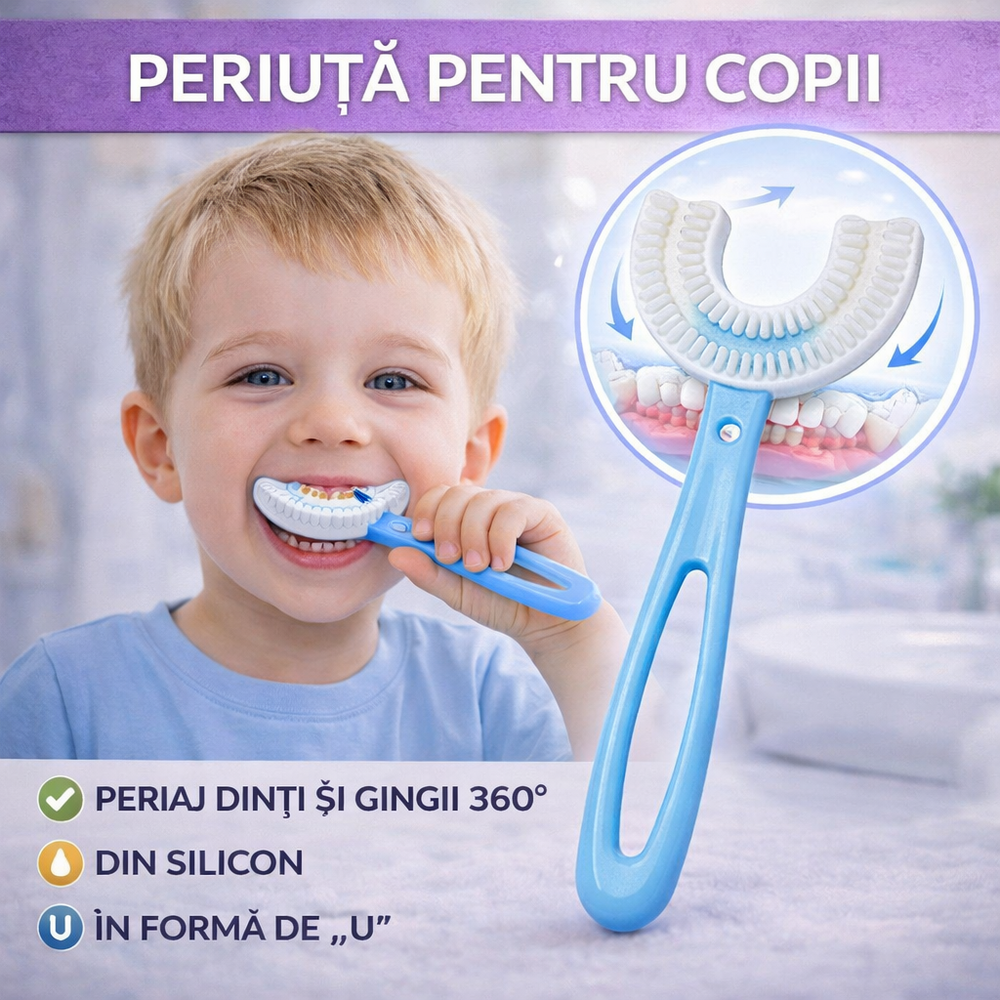 Periuta de dinti pentru copii, 2-7 ani, in forma de U, din silicon, periaj si curatare gingii 360, Bleu