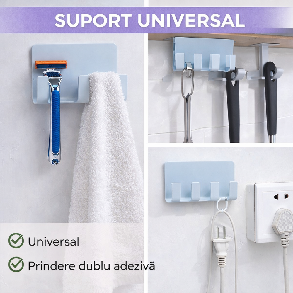 Suport pentru baie, multifunctional, prindere cu banda dublu adeziv, Gri