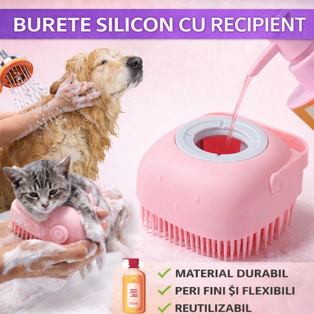 Burete de baie din silicon cu dozator, Mini Soft Brush, reutilizabilla, pentru adulti, copii, animale de companie, Roz