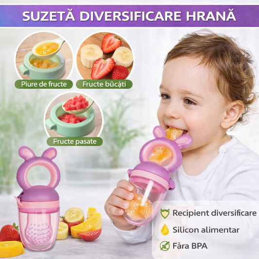 Suzeta pentru diversificarea hranei, pentru fructe si legume, silicon moale, Mov, Marimea M