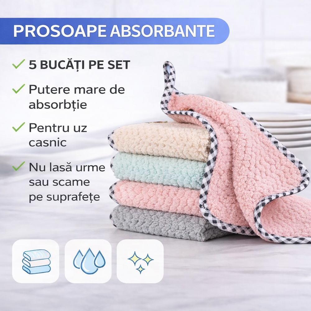 Set 5 bucati prosoape absorbante, laveta microfibra, 25x25cm, Multicolor