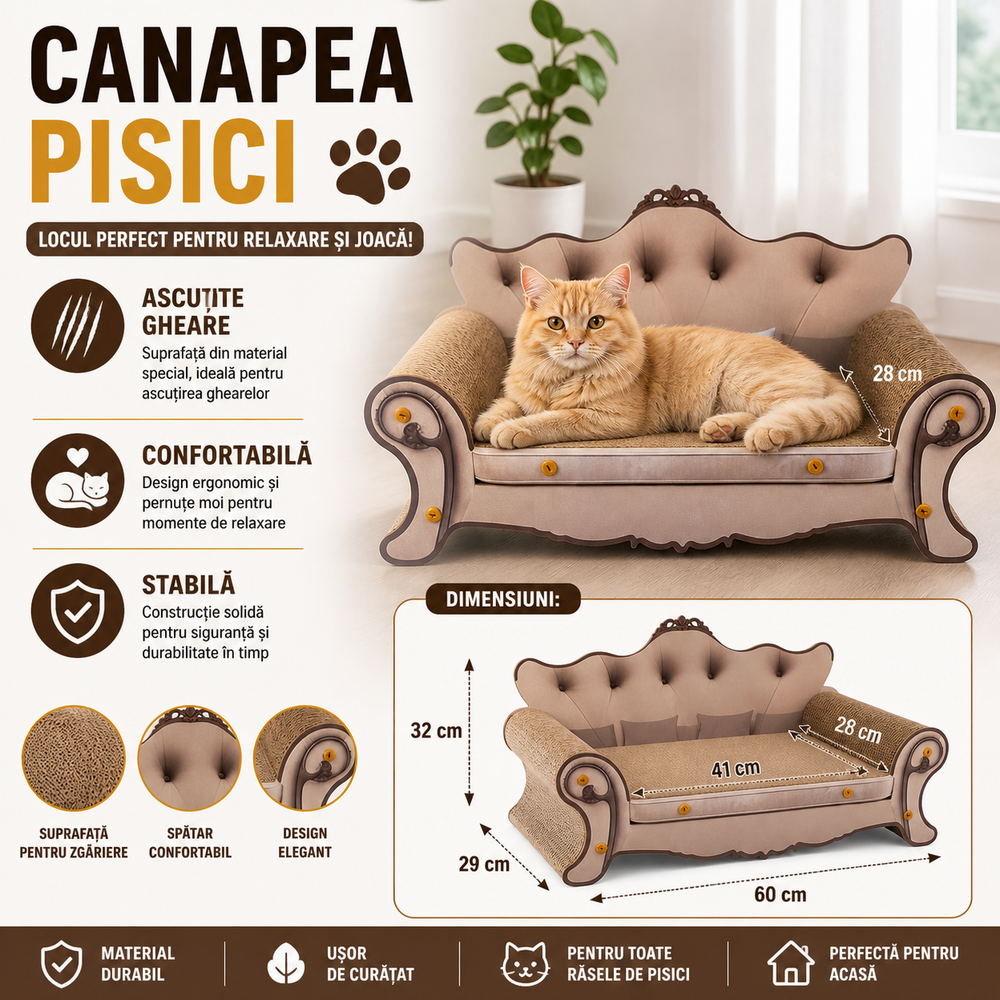 Canapea pentru ascutit gheare pisici, carton presat stratificat, dimensiune totala 32 x 29 x 60 cm, Crem