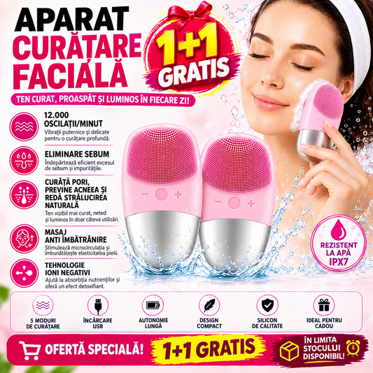 1+1 GRATIS Dispozitiv de curatare faciala portabil, 12000 oscilatii/minut, viteza ajustabila, acumulator 400mAh, tehnologie cu ioni negativi