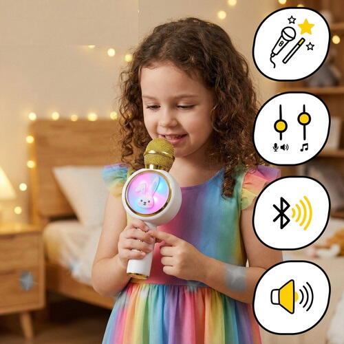 Microfon de karaoke pentru copii, Model Iepuras, Compatibil Bluetooth, Silentios, Fara fir, Alb