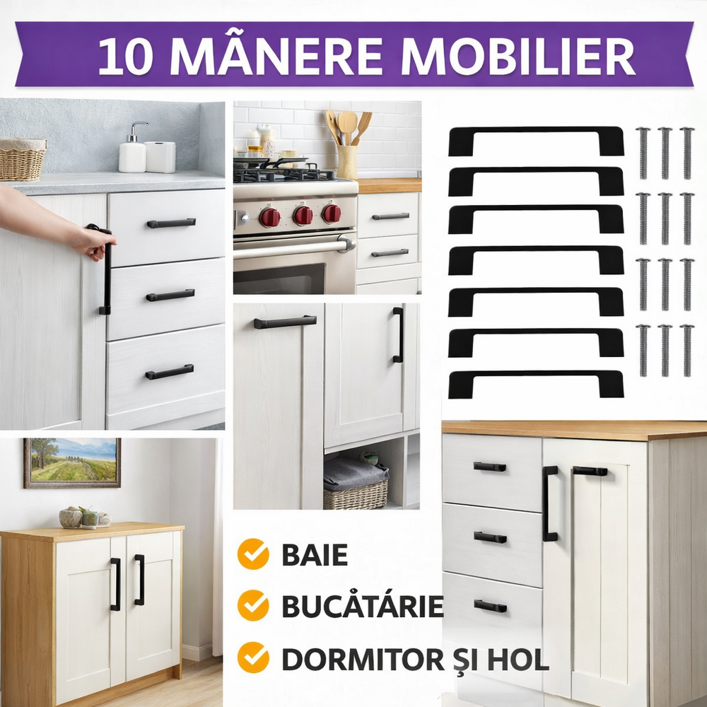 Manere mobilier 10 Buc, Aluminiu, Negru Mat, Distanta dintre orificii 9.6 cm