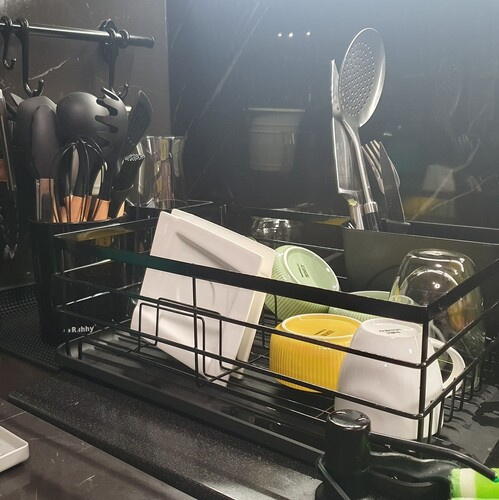 Scurgator de Vase cu Suport Tacamuri si Pahare, Tavita Scurgere, Inox, Negru, 44 x 31.5 x 14.5 cm