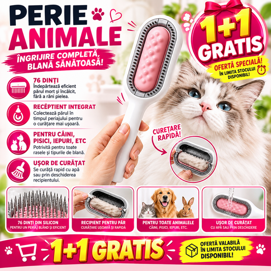 1+1 GRATIS Perie pentru ingrijirea animalelor de companie, indepartarea parului cazut, cu baza de autocuratare, piepteni tari si rola lipicioasa pentru scame, Roz