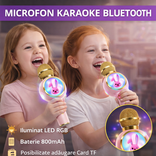 Microfon de karaoke pentru copii, Model Iepuras, Compatibil Bluetooth, Silentios, Fara fir, Roz