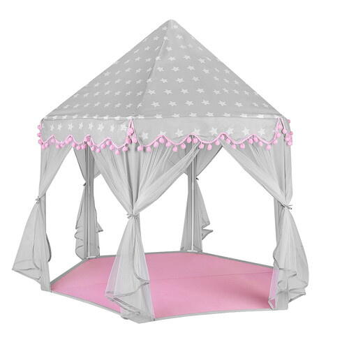 Cort de joaca pentru copii, Varf Conic, Perdele Transparente, Dimensiuni Generoase, Instalare Usoara, pentru Interior/Exterior, 123 x 123 x 140cm, Roz/Gri