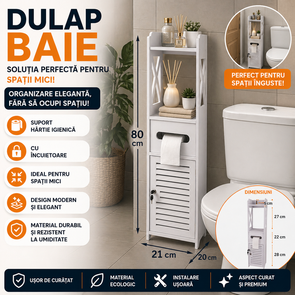 Dulap baie ingust, Suport hartie igienica, Raft Depozitare, 80 x 20 x 21 cm
