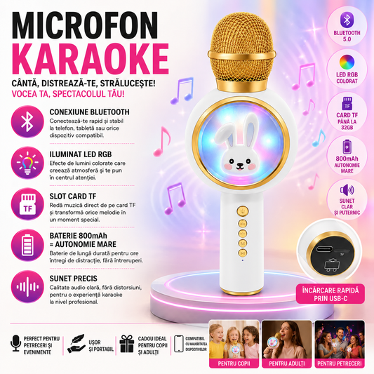 Microfon de karaoke pentru copii, Model Iepuras, Compatibil Bluetooth, Silentios, Fara fir, Alb