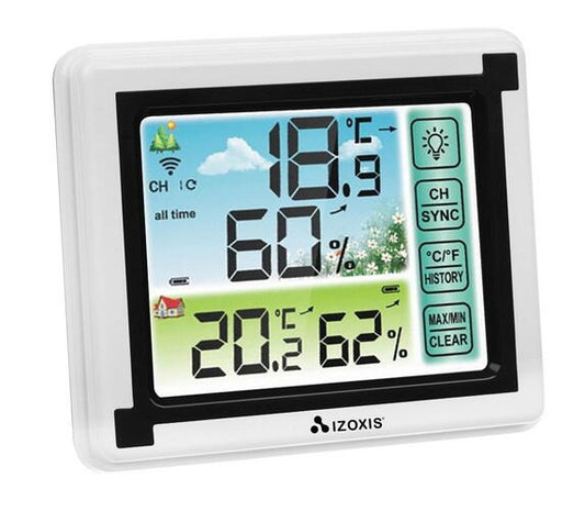Termometru si Higrometru Profesional de Camera si Exterior cu Transmitatoare Wireless, 60 m Raza Actiune, Ecran LCD, Iluminare de Fundal, Touch, Alb