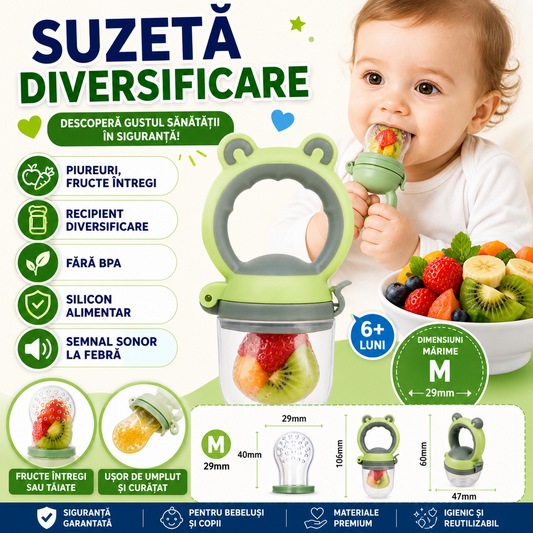 Suzeta pentru diversificarea hranei, pentru fructe si legume, silicon moale, Verde