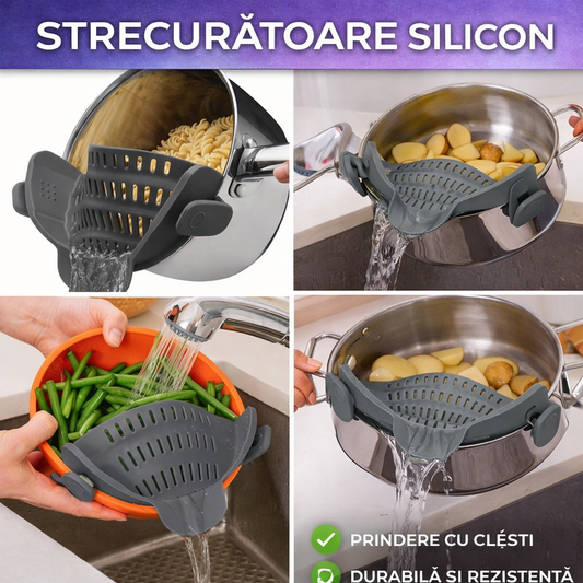 Strecuratoare din Silicon pentru Oale, Cratite, cu Clesti de Prindere, pentru Paste, Legume, Se Potriveste Oricarei Marimi, Gri