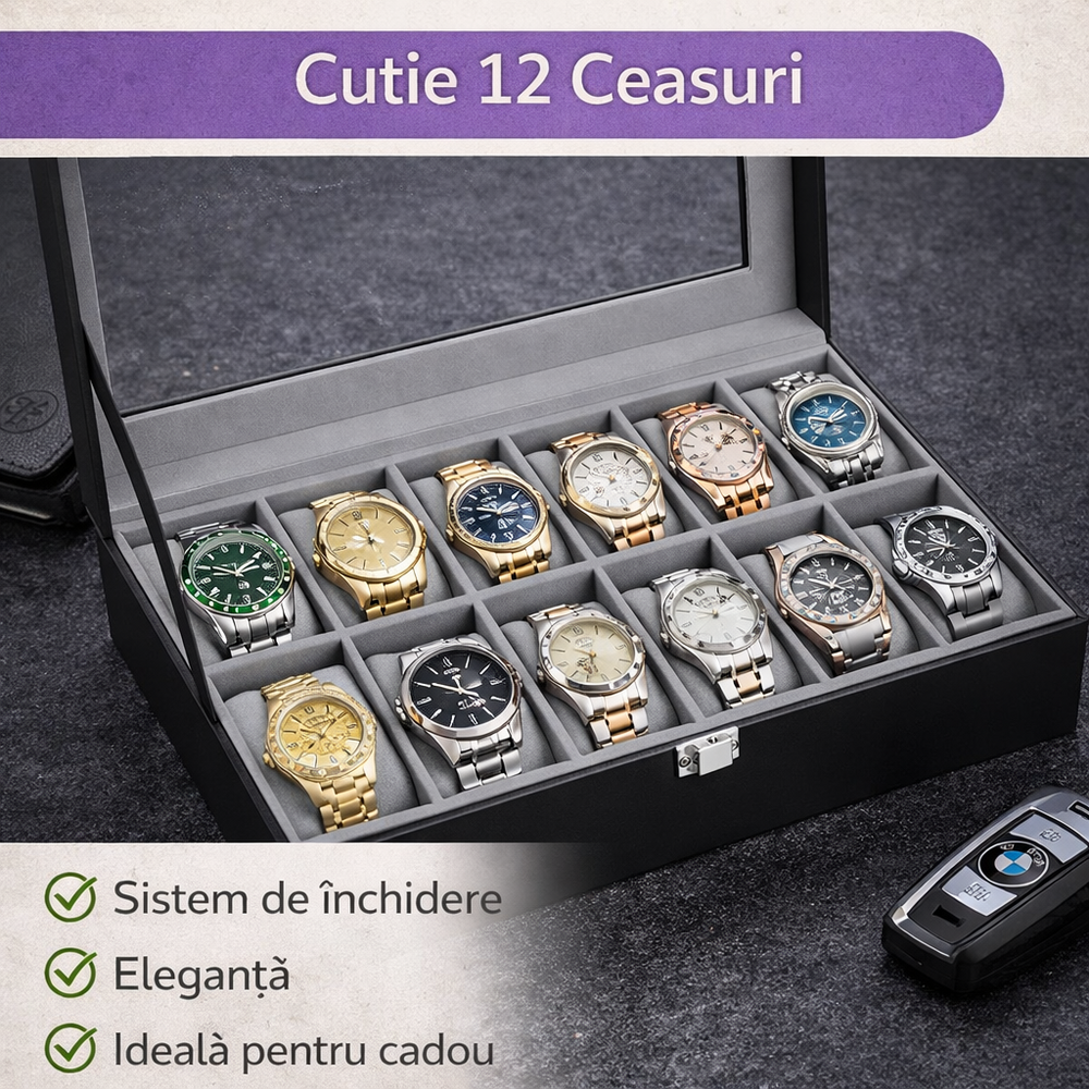 Cutie depozitare pentru 12 ceasuri, Piele Ecologica