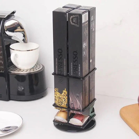 Suport 4 cutii capsule Nespresso, Rotativ, Negru
