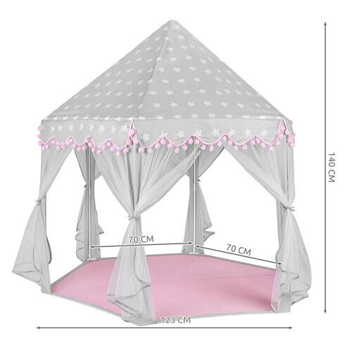 Cort de joaca pentru copii, Varf Conic, Perdele Transparente, Dimensiuni Generoase, Instalare Usoara, pentru Interior/Exterior, 123 x 123 x 140cm, Roz/Gri