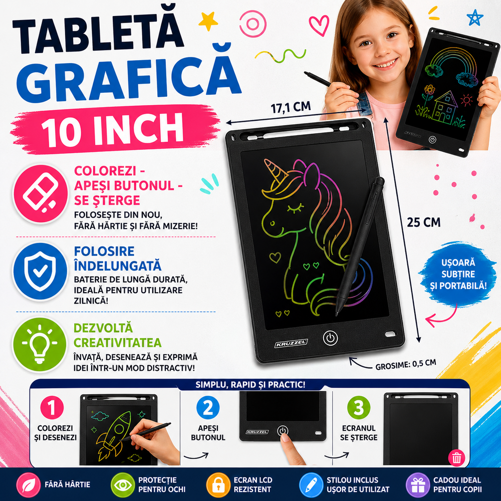 Tableta grafica de desenat pentru copii 10" diagonala, Drawing Tablet, Cu Buton De Stergere, Creion Inclus, Negru