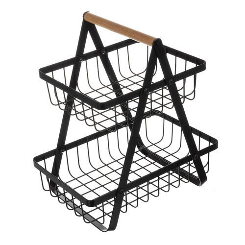 Cos pentru Fructe, cu doua etajere, servire, decor, din metal, maner din lemn, rezistenta ridicata, universal, aerisire ridicata