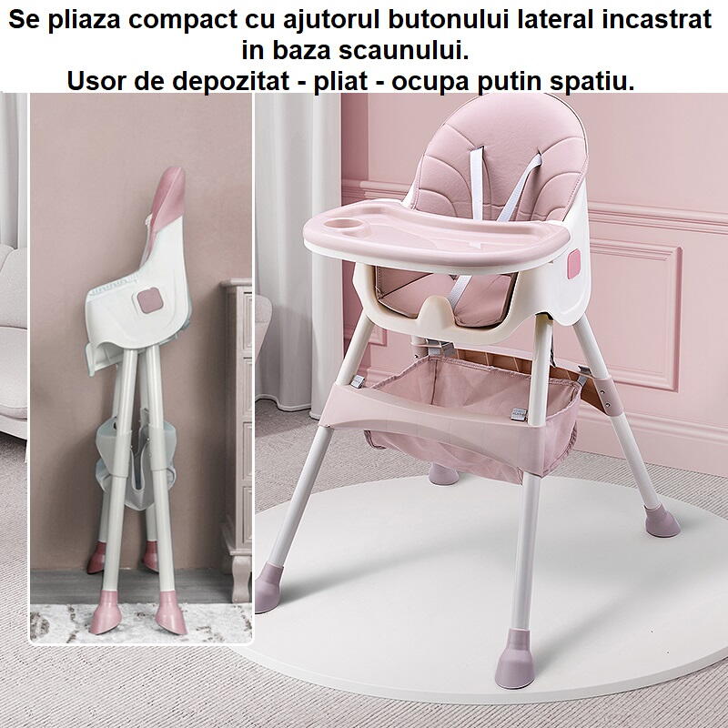 Scaun de Masa pentru Bebelusi si Copii, Varsta 6-72 luni, Inaltime Ajustabila, Centura de Siguranta in 5 Puncte, Tavita Reglabila si Detasabila, Roti Detasabile, Roz