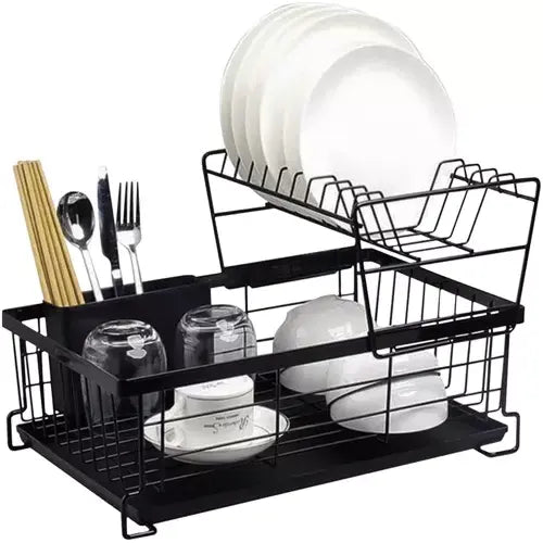 Scurgator de Vase, Doua niveluri, cu Suport Tacamuri si Pahare, Tavita Inclusa, Negru, 43 x 29 x 27 cm