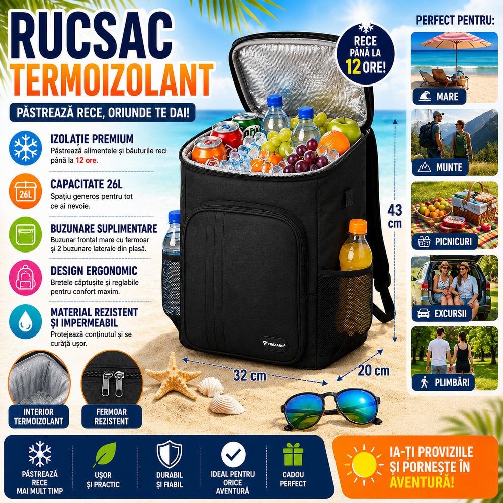 Rucsac termoizolant, capacitate mare 26L, Multiple compartimente