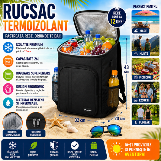 Rucsac termoizolant, capacitate mare 26L, Multiple compartimente