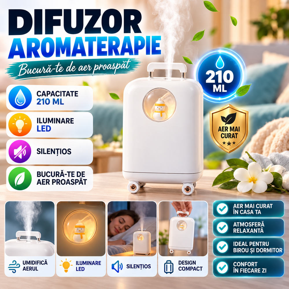 1+1 GRATIS Umidificator de aer cu ultrasunete, 210ML, cu iluminat LED, pentru casa si birou, Alb
