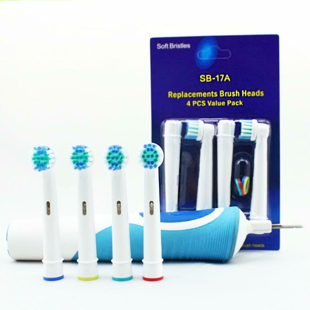 Set 4 rezerve periuta de dinti electrica compatibile Oral-B, peri moi, clasic, inele colorate, alb