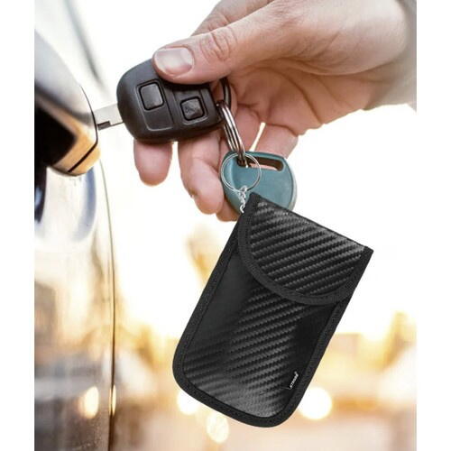 Set 2 husa protectie antifurt pentru chei si carduri, Cu carabiniera, Inchidere velcro, Neagra, Blocarea undelor radio 10 - 30 kHz, 9 x 13/ 8.5 x 13 cm