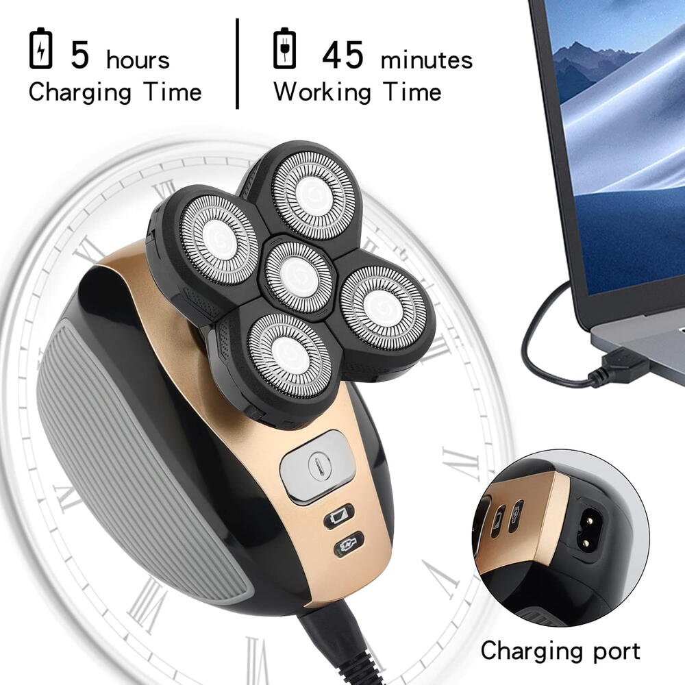 Aparat fara fir de ras, barbierit si tuns, 6 lame, 3 capete interschimbabile, 5 accesorii, IPX6, 600 mAh, USB, 9 x 7.5 x 8 cm, Negru