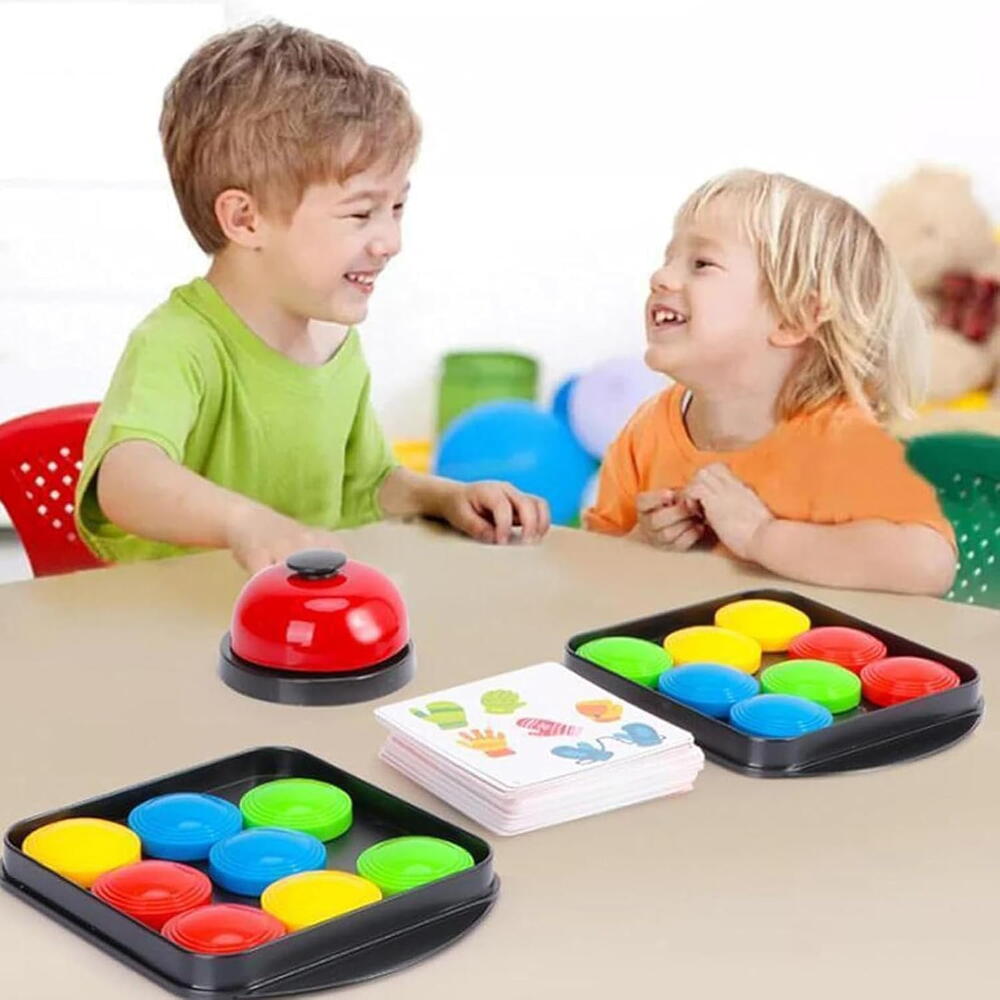 Joc de inteligenta Quick Pucks, 16 discuri, 40 cartonase cu imagini, clopot, 5.2 x 3.2 x 1.5 cm