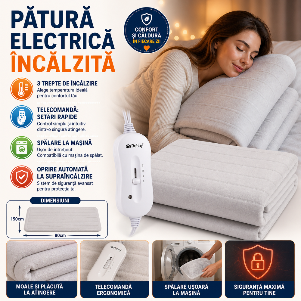 Patura electrica incalzita, moale, 3 trepte temperatura, 65 W, telecomanda, 150 x 80 cm, Alba