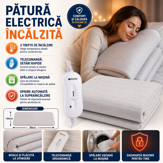 Patura electrica incalzita, moale, 3 trepte temperatura, 65 W, telecomanda, 150 x 80 cm, Alba