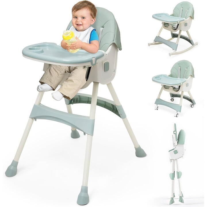 Scaun de Masa pentru Bebelusi si Copii, Varsta 6-72 luni, Inaltime Ajustabila, Centura de Siguranta in 5 Puncte, Tavita Reglabila si Detasabila, Roti Detasabile, Bleu