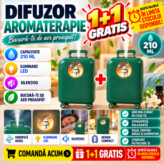 1+1 GRATIS Umidificator de aer cu ultrasunete, 210ML, cu iluminat LED, pentru casa si birou