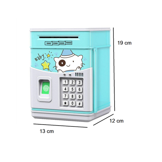Pusculita pentru copii tip seif, Cod pin si amprenta, Muzica, Rulare automata a banilor, Bleu