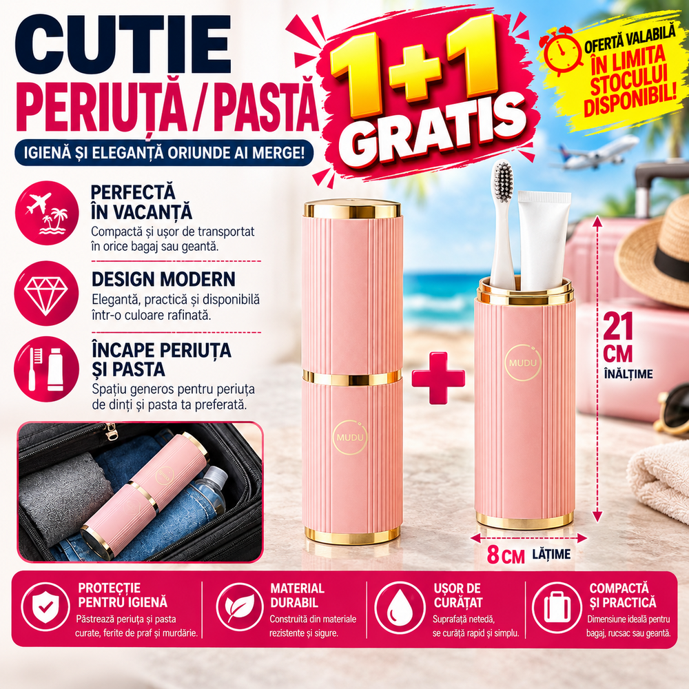 1+1 GRATIS Cutie protectie periuta si pasta de dinti, Roz