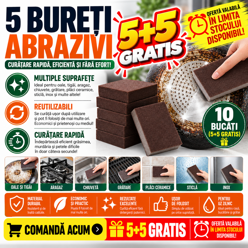 5+5 GRATIS Bureti Abrazivi pentru Indepartarea Grasimii Arse, Set 5 Buc