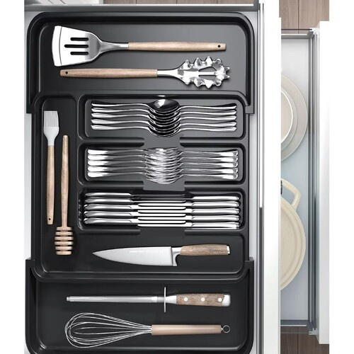 Organizator pentru tacamuri si ustensile de bucatarie, sertar extensibil, suport ajustabil pentru cutite, negru