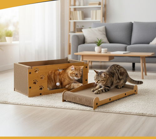 Zgarietor pentru pisic, Tip pat, 2 niveluri, din lemn, cu jucarie suspendata, spatiu mare