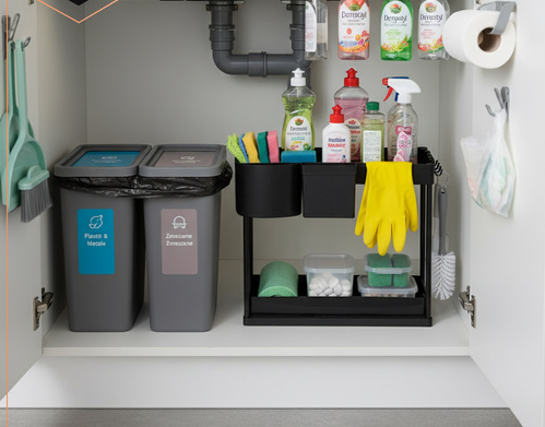 Raft organizator, 2 niveluri, extensibil, 5 cârlige, negru, 40x21.5x37.5cm