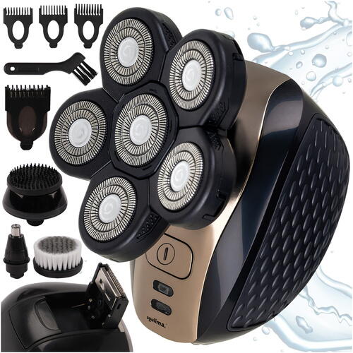 Aparat fara fir de ras, barbierit si tuns, 6 lame, 3 capete interschimbabile, 5 accesorii, IPX6, 600 mAh, USB, 9 x 7.5 x 8 cm, Negru