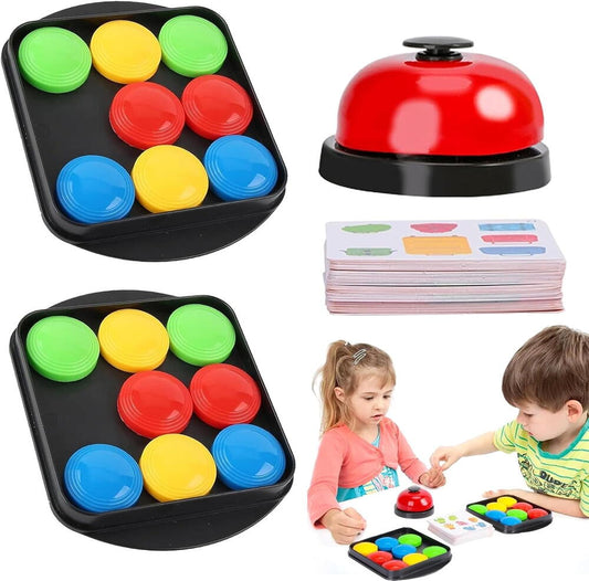Joc de inteligenta Quick Pucks, 16 discuri, 40 cartonase cu imagini, clopot, 5.2 x 3.2 x 1.5 cm