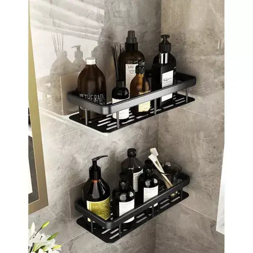 OFERTA 1+1 GRATIS Rafturi pentru baie, rezistente la umiditate, montare usoara, autoadezive, aluminiu, 30 x 13 x 4.7 cm, Negru