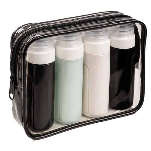 Set 4 recipiente de calatorie, Capacitate 90 ml, Inchidere etansa, Autocolante incluse, Geanta depozitare, PVC/silicon