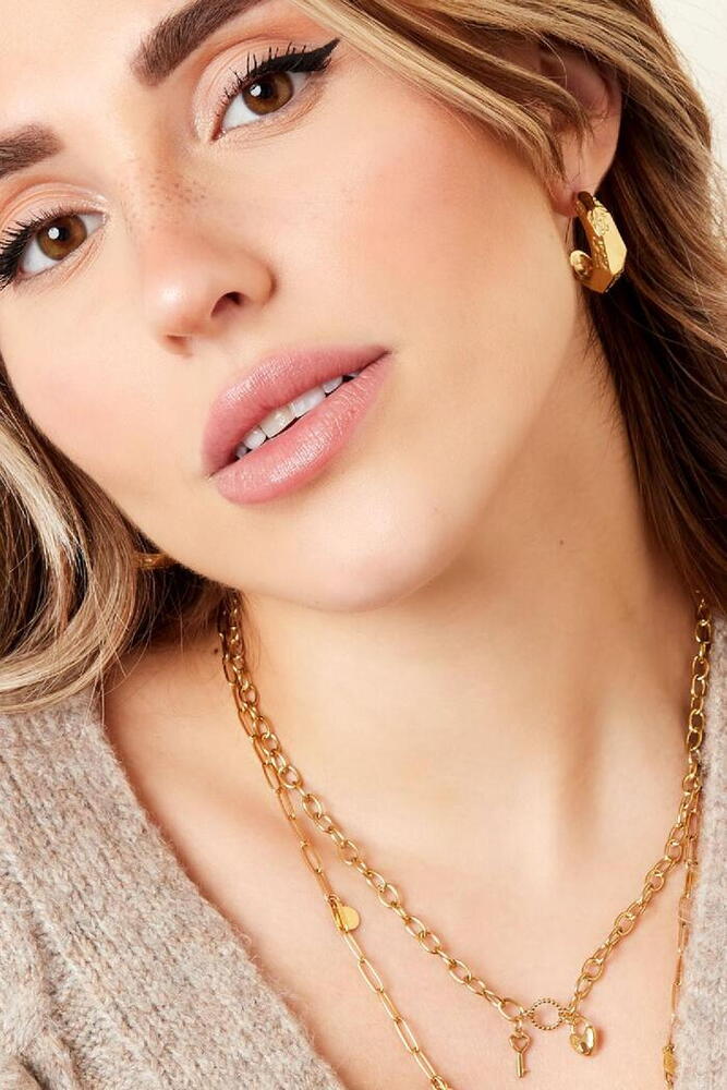 Colier Inox Cu Inimioara Si Cheie, Auriu