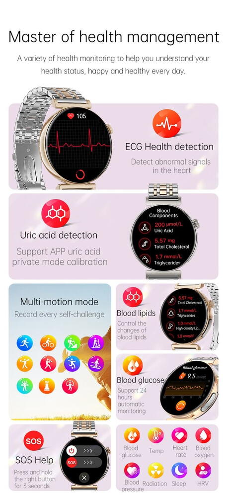 SmartWatch cu Apel Bluetooth, Glucometru, Analiza Impedantei Bioelectrice, EKG, HRV, Ciclu Menstrual, Nivel Radiatii, Temperatura Corporala, Ritm Cardiac, Nivel Oxigen, Tensiune Arteriala S763