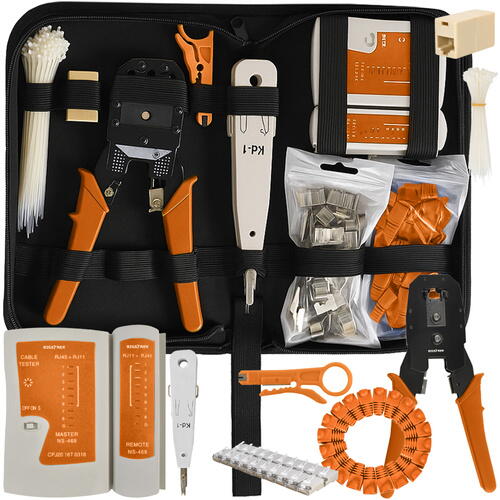 Kit instrumente de retea si tester cabluri 2 in 1, 145 piese, compatibil mufe cabluri retea si telefonice, RJ45/RJ11, husa depozitare, 27 x 15.5 x 6 cm