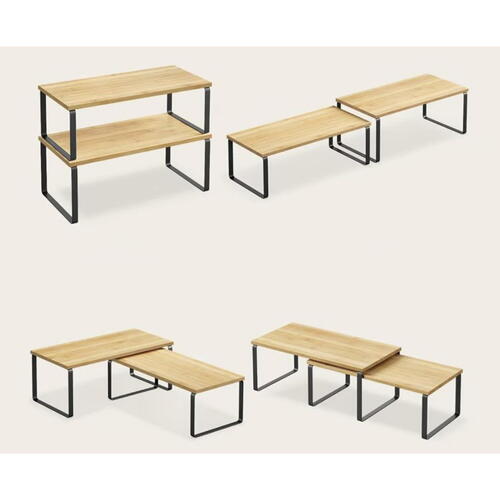Set 2 Rafturi, Extensibile, Multifunctionale, Diverse Moduri De Aranjare Pentru Bucatarie, Birou, Baie, Bambus/Otel